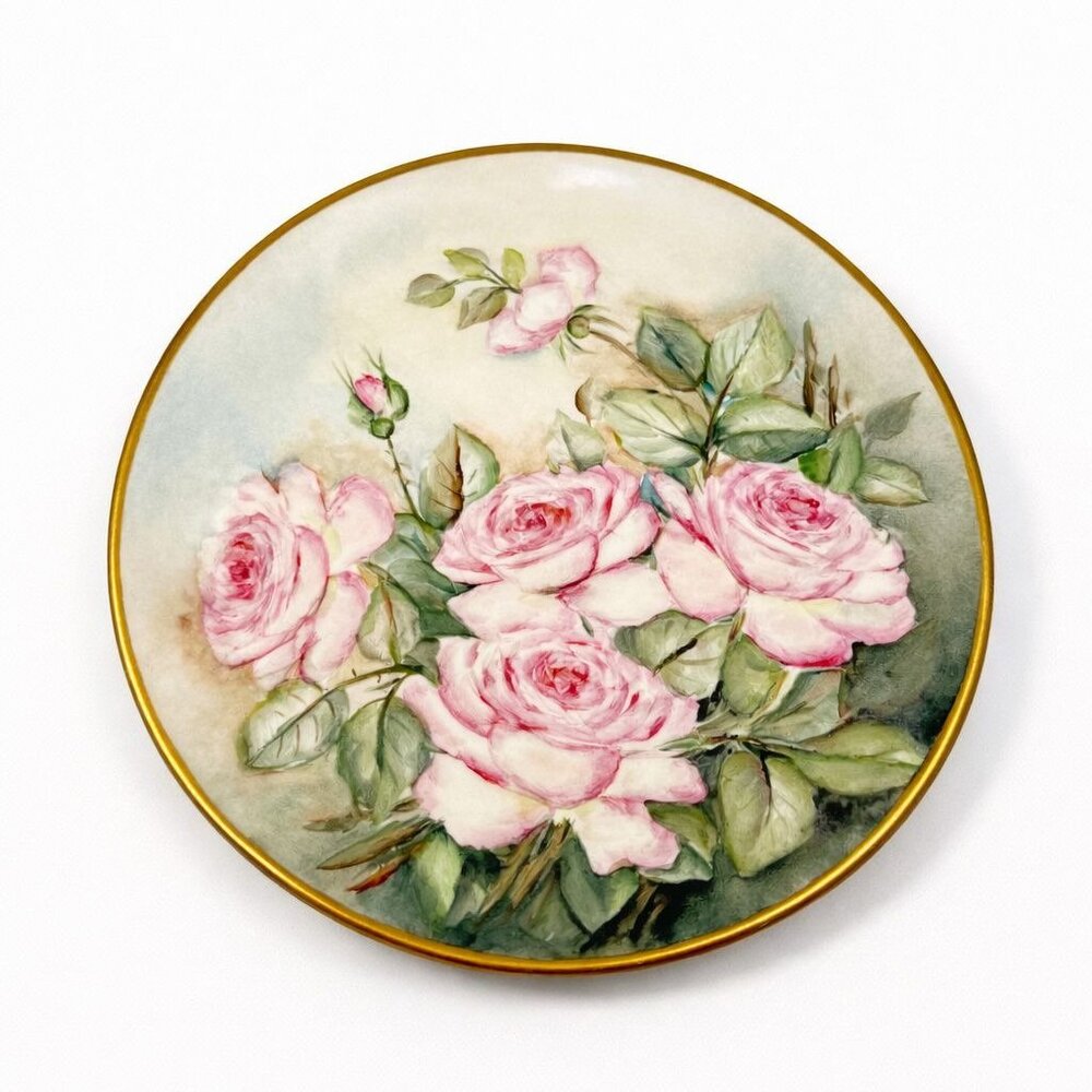 Hand Painted Plate Roses Vintage Frost and Adams Boston Antique Floral Gallery